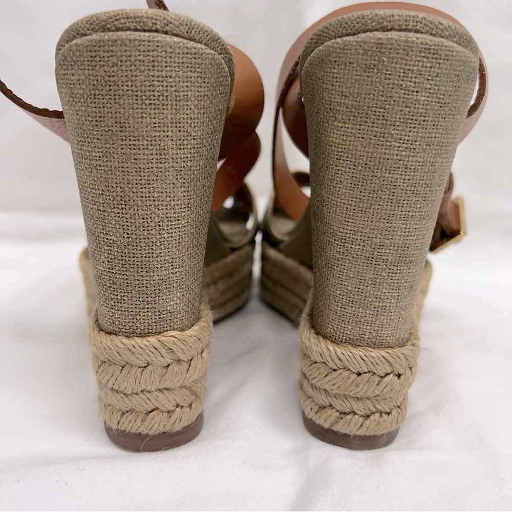 Tory Burch gold canvas wedge espadrilles with camel colored leather ankle strap - Picture 7 of 9